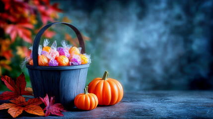 Colorful candy and pumpkins create fall ambiance in autumn setting