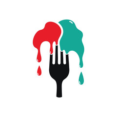 Colorful Dripping Fork. Abstract graphic showcasing a utensil with vibrant red and teal fluid, symbolizing diverse flavors, innovative cuisine, or artistic expression.