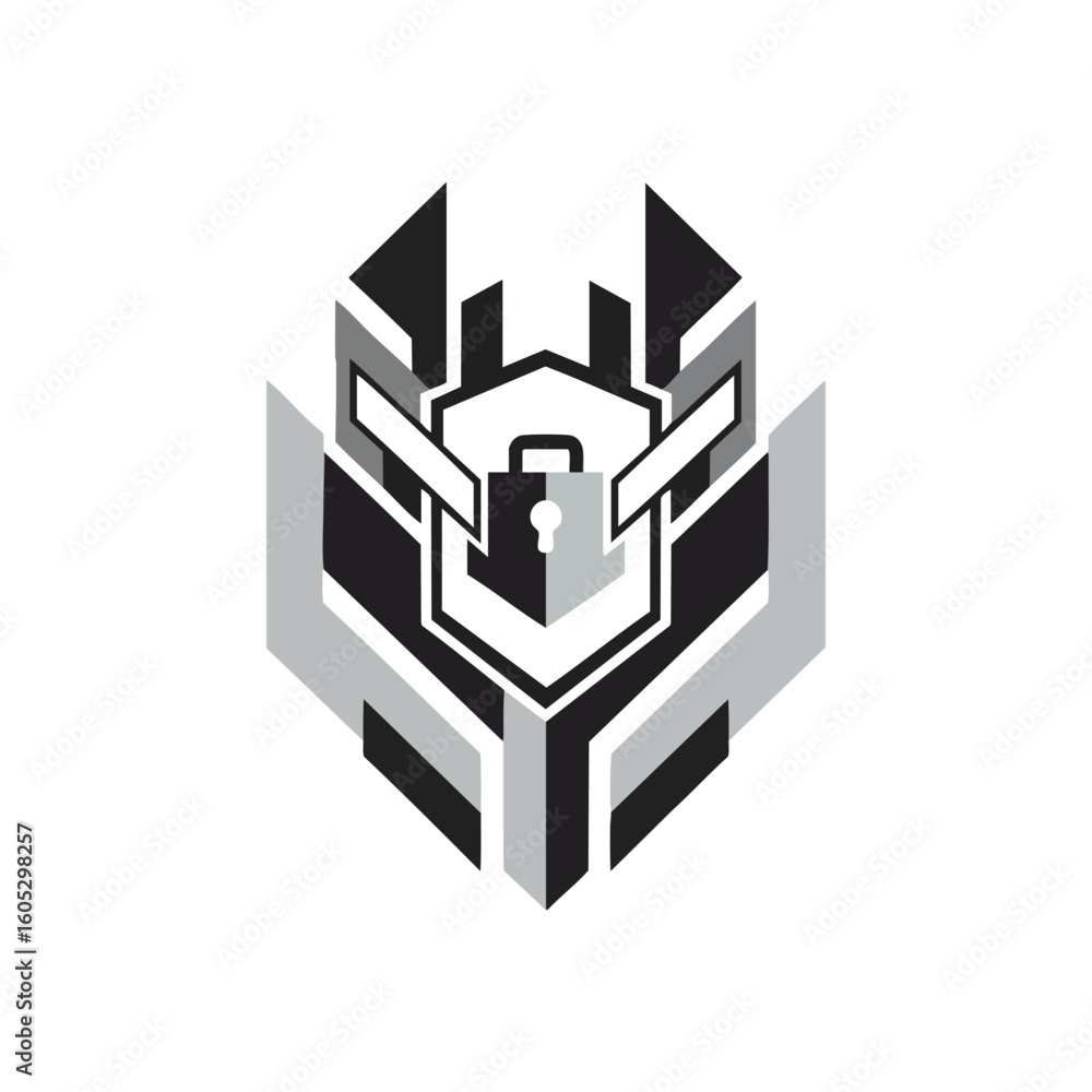 Poster secure digital guardian emblem. modern abstract design featuring a lock inside a shield shape. it em