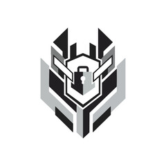 Secure Digital Guardian Emblem. Modern abstract design featuring a lock inside a shield shape. It embodies advanced cyber defense, ensuring data privacy and system integrity.