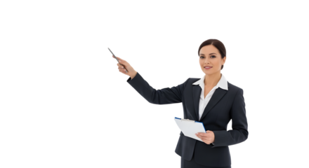 A Chief Risk Officer Pointing to a Risk Assessment Matrix While Explaining Mitigation Strategies on isolated transparent background.