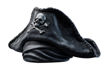 Stylized Black Pirate Hat with Skull and Crossbones Emblem, Angled Perspective, Transparent PNG.