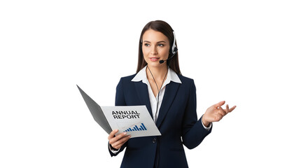 An Investor Relations Officer Calmly Answering Shareholder Questions During a Conference Call on isolated transparent background.