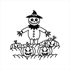 Spooky Scarecrow in Pumpkin Field Line Drawing