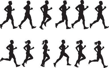 Running silhouette vector set, ten athletic figures in motion pose, black graphic with highlighted path icon, isolated fitness artwork for stock image use