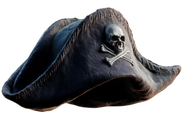 Stylized Black Pirate Hat with Skull and Crossbones Emblem, Angled Perspective, Transparent PNG