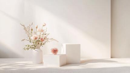 Minimalist arrangements feature cubes adorned with floral decorations, carpets, and personal accessories, providing a template for home d�cor with ample copy space.