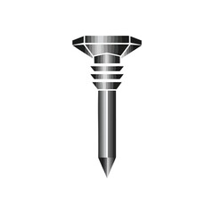 Geometric Nail Tool Icon. A grayscale render of a robust securing device, ideal for building themes, home repairs, or industrial design. Represents strength and permanent connection.