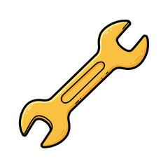 Cartoon yellow wrench illustration with black outline. Vector illustration