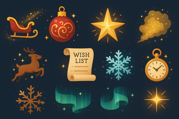Set of Magical Christmas Icons in Flat Vector Style