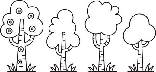 Cartoon Tree Line Art Set – Hand Drawn Black and White Tree Icons