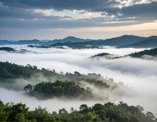 Misty mountain ranges veiled in clouds. Lush forests blanket the hills below