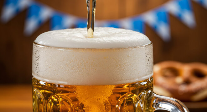 Oktoberfest: A frothy beer mug being filled with golden lager, surrounded by festive blue and white bunting, evoking a celebrat...