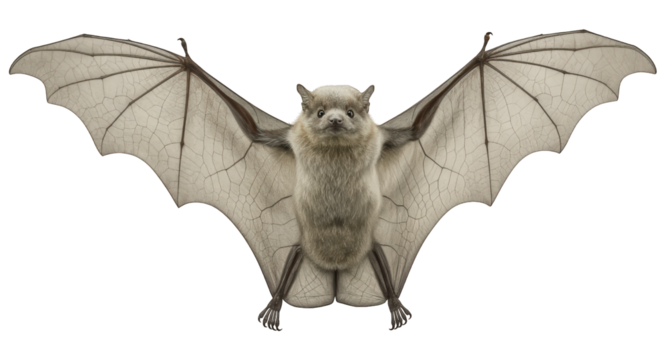 Bat (Chiroptera) PNG with transparent background and open wings, a nocturnal flying mammal