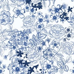 Fashion soft pastel blue floral pattern. Rose plants print. Toile de jouy flowers wallpaper, pattern, background. Nature gentle seamless pattern. Vector pattern