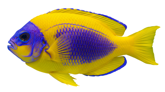 Bicolor Angelfish (Centropyge bicolor) PNG, transparent background, yellow and blue. - Powered by Adobe
