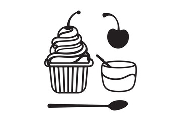 Simple hand drawn illustration of a cupcake cherries and spoon