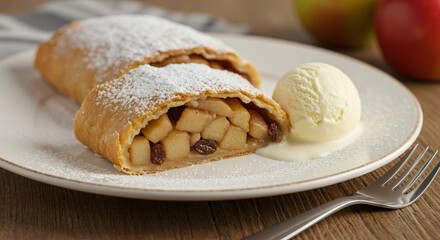 oktoberfest Apple Strudel Delight: Golden Pastry Filled with Apples and Raisins, Topped with Powdered Sugar, Served with Vanill...