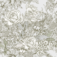 Floral seamless pattern. Soft green textile design. Rose plants print. Toile de jouy flowers wallpaper, pattern, background. Nature gentle seamless pattern. Vector pattern