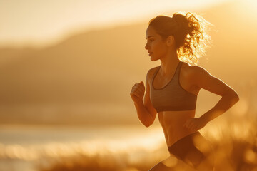 Fit and beautiful young woman running on the beach, wearing black shorts and sportswear,  golden hour sunset. Concept of fitness, sport and healthy lifestyle. 