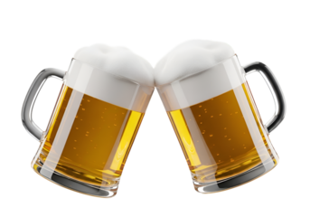 Two beer mugs clinking together isolated on transparent background