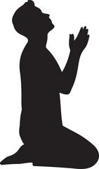 Kneeling prayer silhouette vector, person with raised palms in emotional pose, black graphic on white, spiritual artwork for stock image and religious design use
