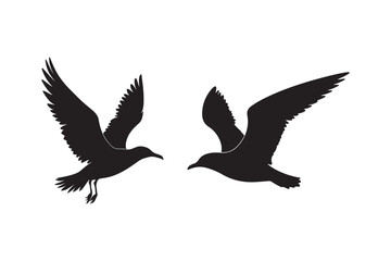 Silhouettes of two seagulls in flight against a white background