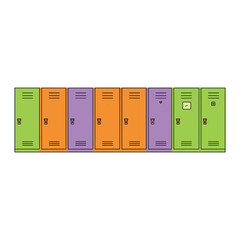 Colorful school lockers in pattern: green, orange, purple metal storage units. Vector illustration
