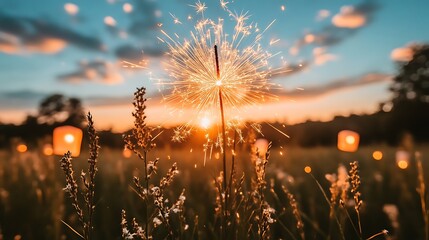Sparkler bursts in a field at sunset