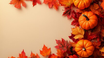 Autumn Decoration With Pumpkins and Colorful Leaves on a Neutral Background