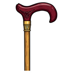 Elegant wooden walking cane with ornate handle design. Vector illustration