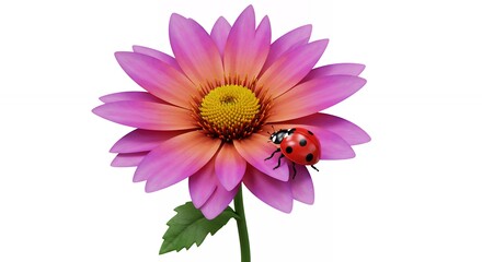 Obraz premium Pink flower with ladybug on white background
