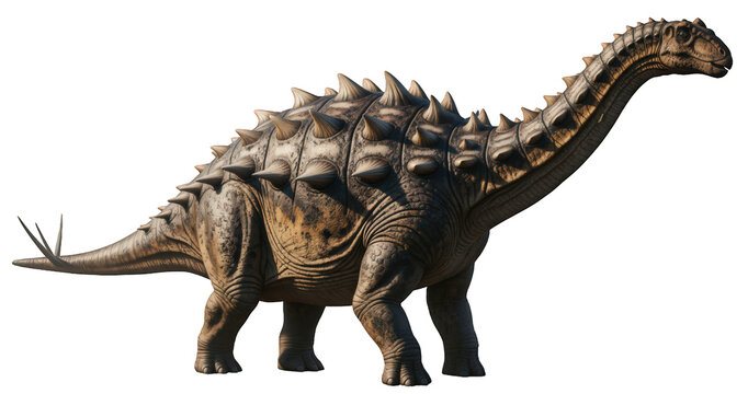 A Saltasaurus dinosaur with spiky armor, species Saltasaurus loricatus, on transparent PNG, side view