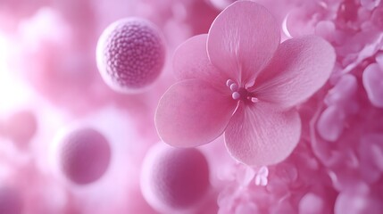 Delicate pink flowers and spheres. Soft light and bokeh