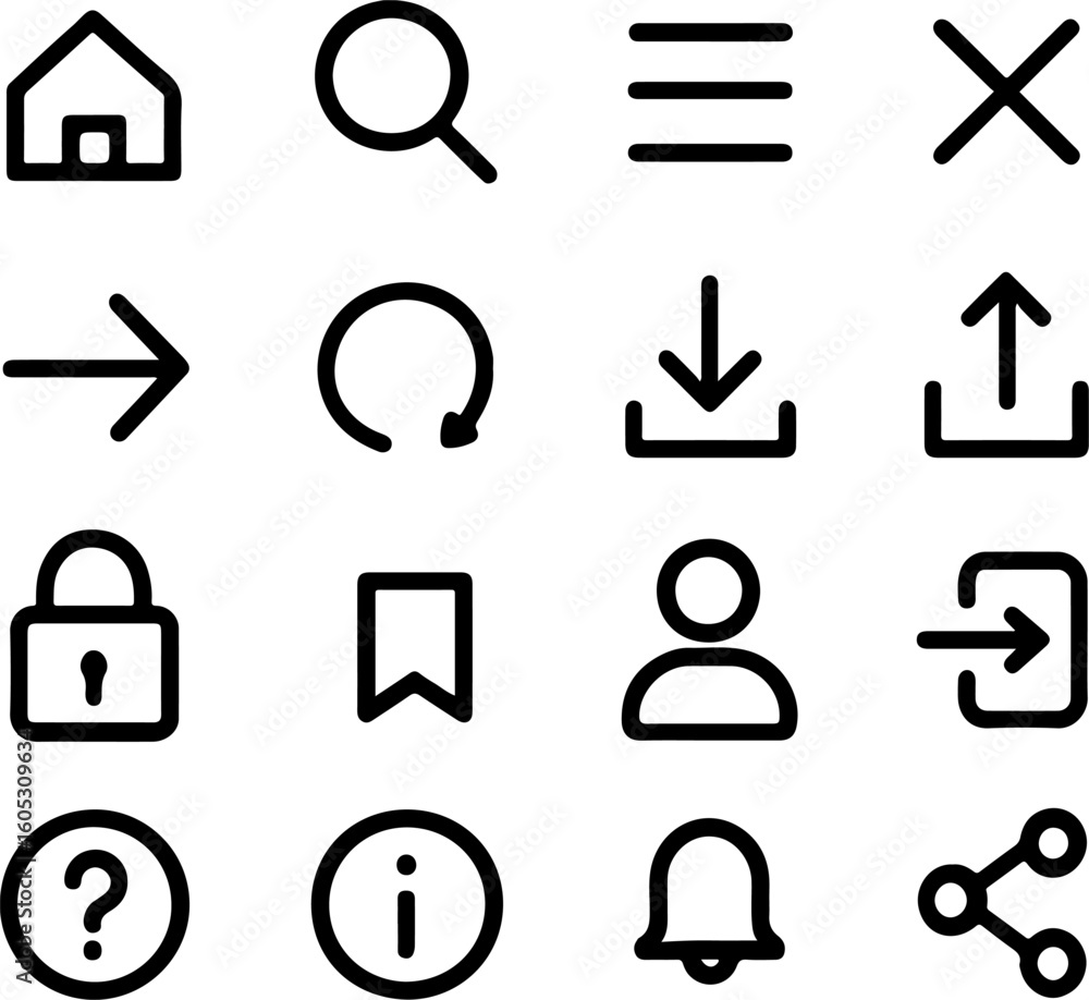 Poster Collection of essential minimalist line art icons representing common digital interface functions for web and mobile applications