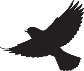 Flying bird silhouette vector, black feathered creature icon, graceful wing pose, nature wildlife shape, soaring animal outline, dynamic flight illustration art symbol