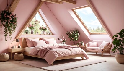 Pink attic bedroom with roses