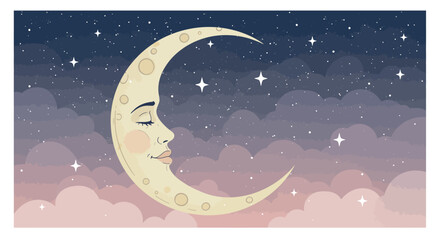 Naklejka premium Dreamy moon with face amidst night sky and twinkling stars