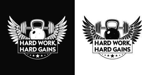 Hard Work Hard Gains Gym Fitness Motivational Design with Winged Kettlebell and Stars for T Shirt and Apparel