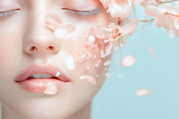 Beauty concept with delicate female lips, glowing skin and pink cherry blossom petals in motion. Skincare freshness, spring vibes, hydration and sensual femininity on pastel blue background.