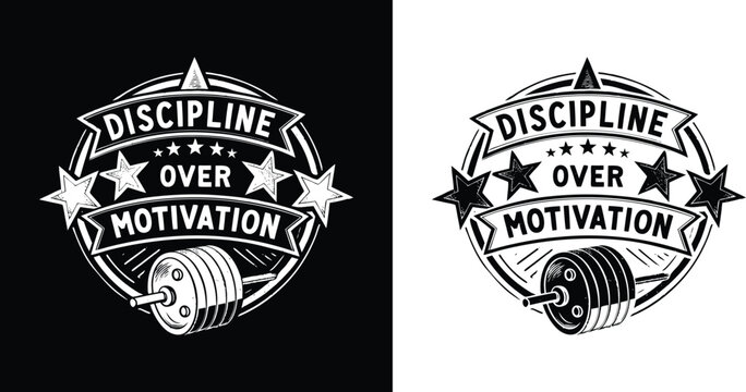 Discipline Over Motivation Badge Style Gym Typography with Stars and Barbell for Fitness and Workout T Shirt Design - Powered by Adobe
