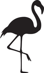 Flamingo bird silhouette, elegant pose on one leg, tropical wildlife vector, black graphic design, nature themed illustration, isolated animal artwork for stock use