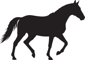 Horse silhouette in motion, black and white equine art, vector clipart illustration, graceful horse outline, elegant animal shape, equestrian design element