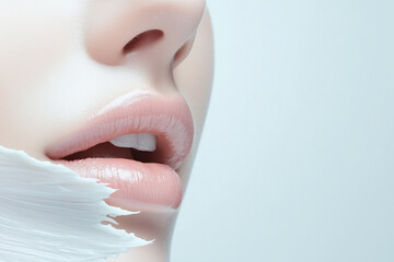 Minimalist beauty shot of smooth lips with moisturizing cream texture. Skincare concept with sensual touch, pastel aesthetic, and clean, healthy lip care imagery.