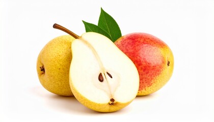 Single yellow pear with attached green leaf, top-view composition against white background. Smooth surface with subtle speckling. Natural color contrast and minimalist styling highlight freshness and 