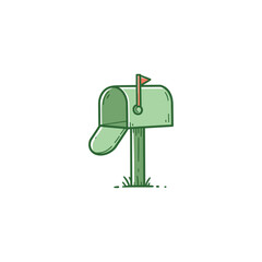 Green mailbox with baseball cap style lid on post. Vector illustration