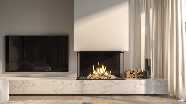 decoracion moderna de una sala de estar lujosa y minimalista con chimenea encendida encastrada en la parde y television plana a un lado. Sofas y decoracion en tonos claros