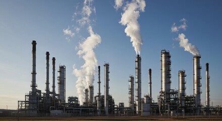 Obraz premium Industrial refinery towers and flare stacks with steam in clear sky, copy space 
