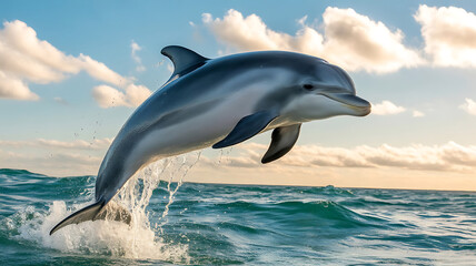 Obraz premium A Bottlenose Dolphin's Joyful Leap Majestic Marine Mammal Exuberantly Breaks the Ocean's Surface Showcasing Aquatic Beauty and Freedom