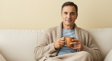 Middle-aged man smiling while sitting on sofa holding coffee cup - Concept of copy space